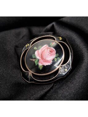 Vintage Enamel 925 Sterling Silver Brooch With Hand-Painted Pink Rose Design